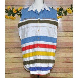 Vintage 90's Small Kikomo Denim Striped Shirt Sleeveless Button Leather Trim Top